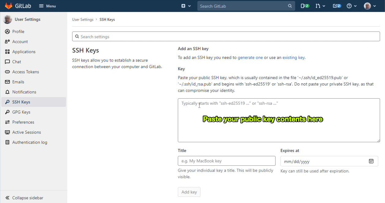 GitLab SSH keys form