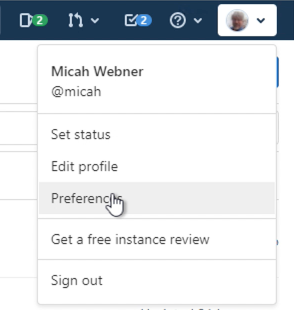 GitLab preferences menu