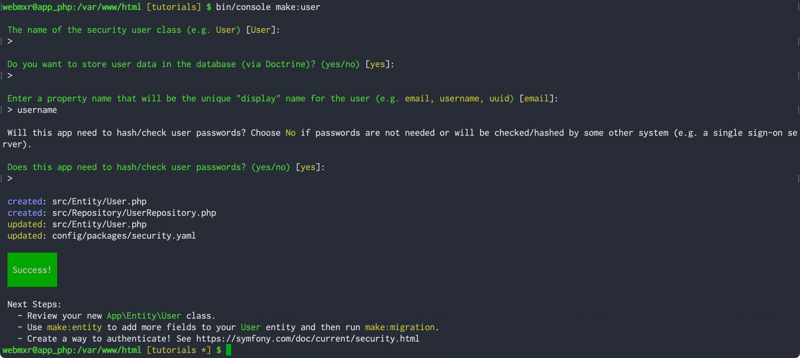 Console make:user command