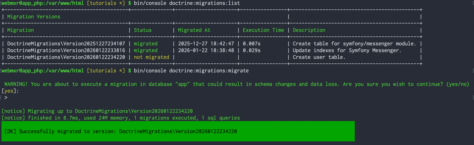 Running the migration to create a user table