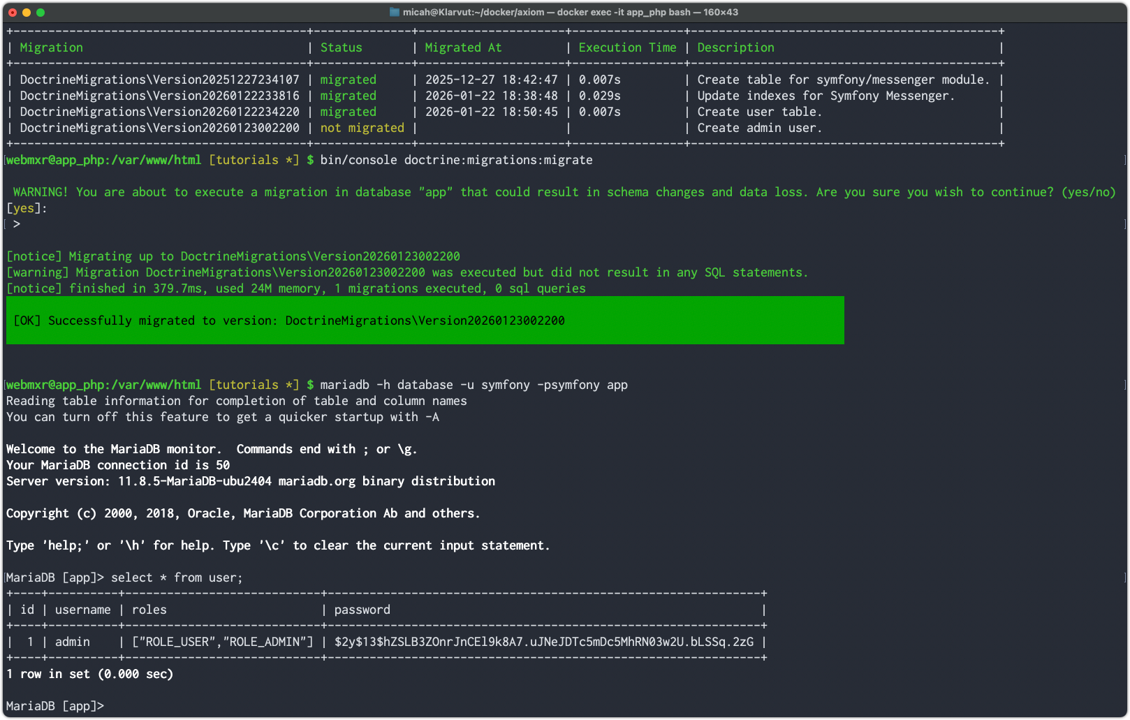 Testing custom migration to add the admin user to the database