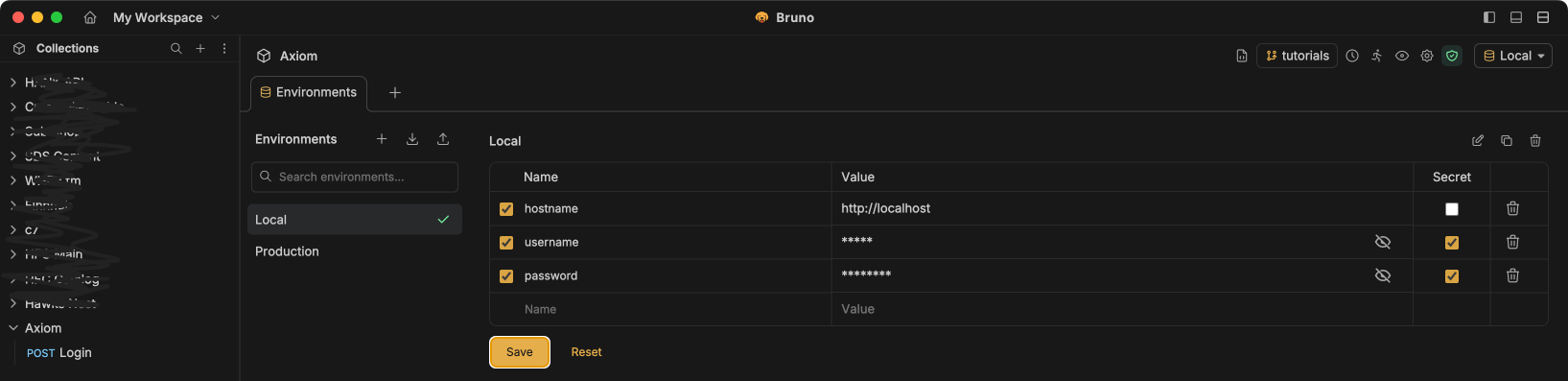 Configuring username and password in Bruno