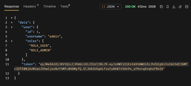 Example of a successful login showing user data and authentication token