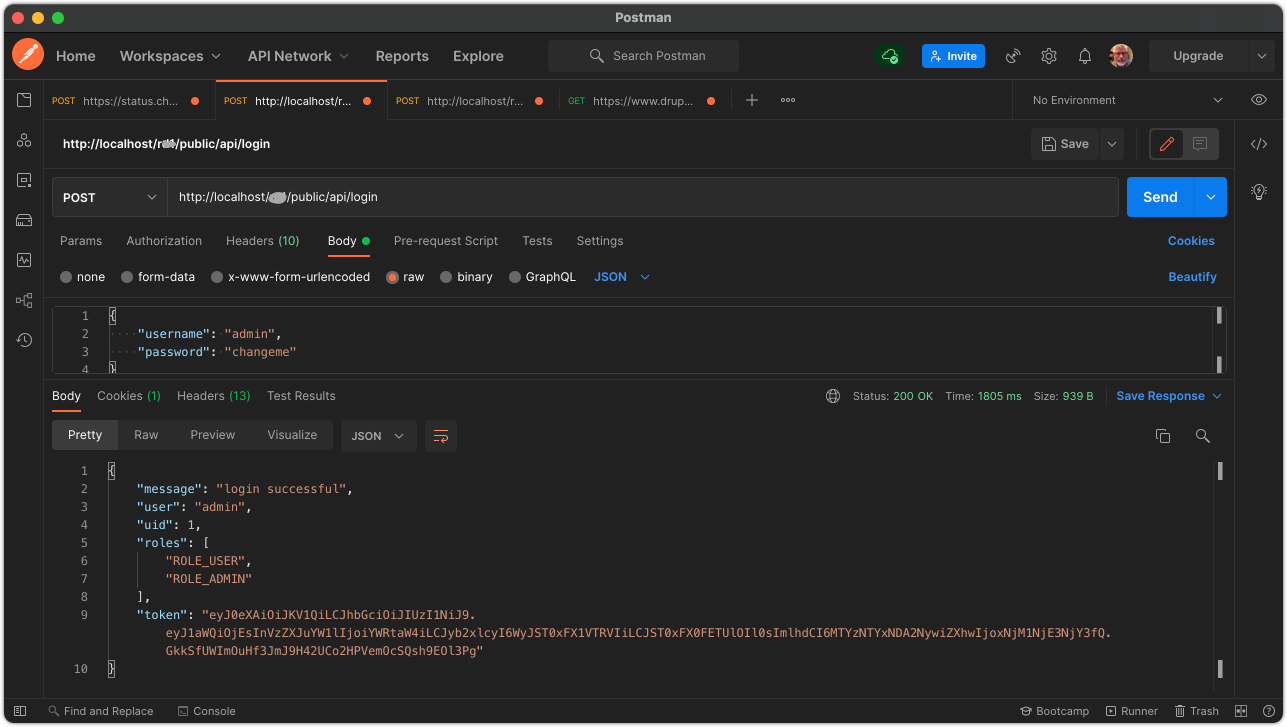 Screenshot example of API login with returned token