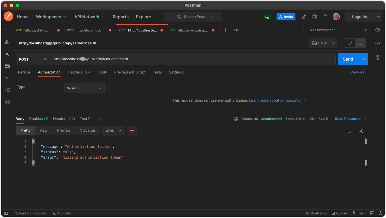 Screenshot example of API access test with no token