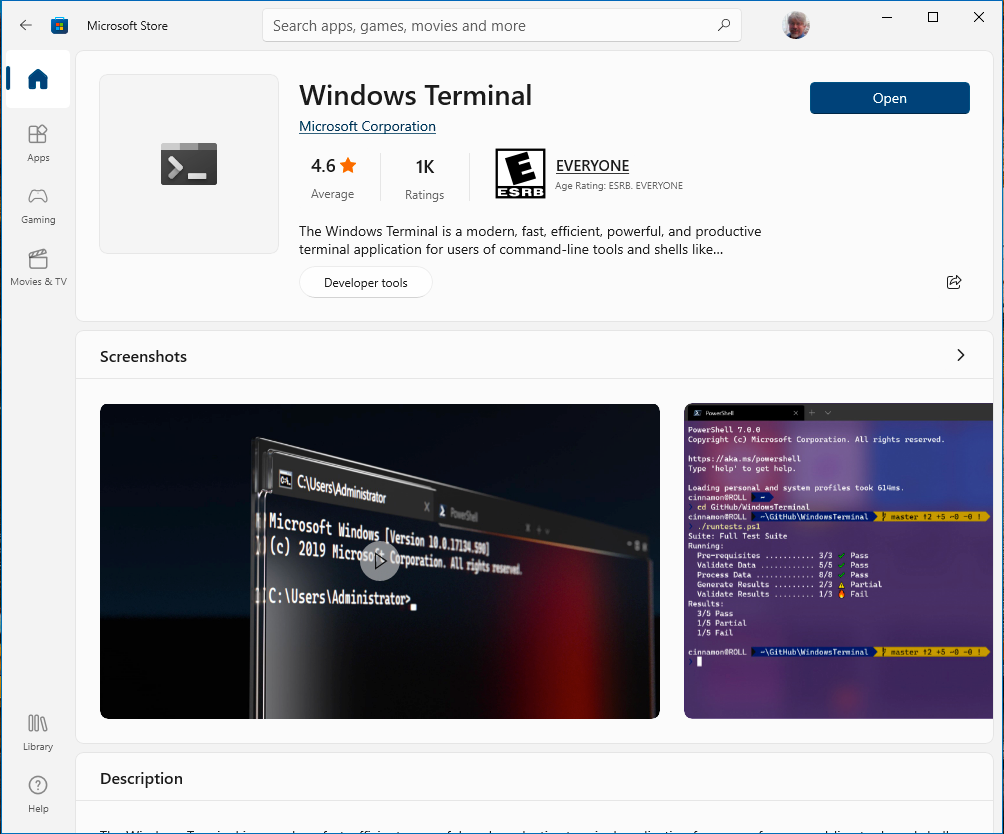 Windows terminal in the Microsoft Store