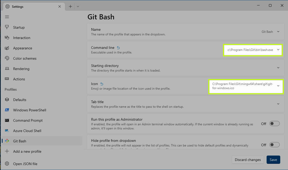 Windows terminal Git Bash profile settings
